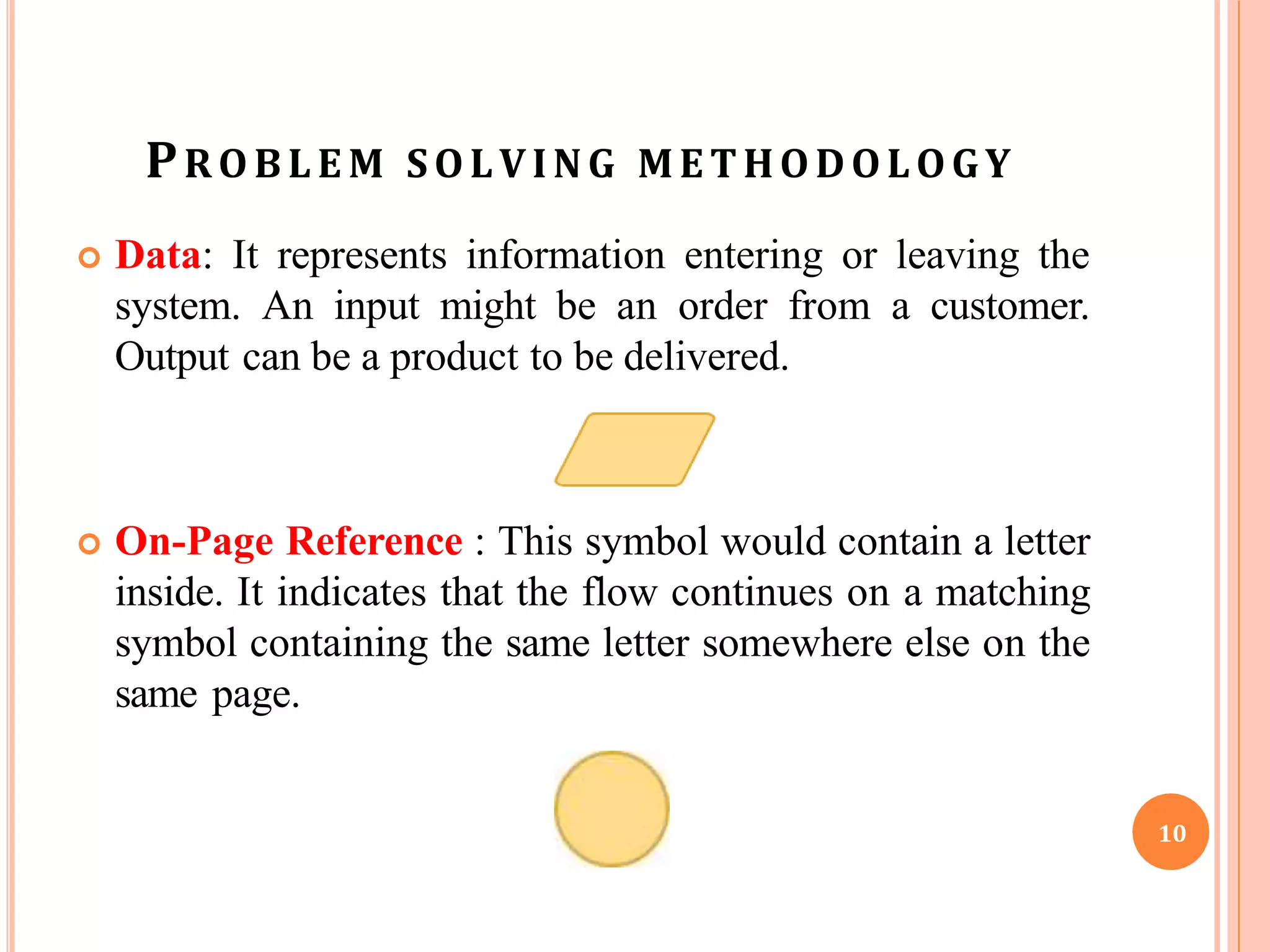 PROBLE M SOLVING METHODOLOGY
 Data: It represents information entering or leaving the
system. An input might be an order from a customer.
Output can be a product to be delivered.
 On-Page Reference : This symbol would contain a letter
inside. It indicates that the flow continues on a matching
symbol containing the same letter somewhere else on the
same page.
10
 