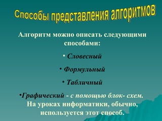Алгоритм можно описать следующими способами: Словесный Формульный Табличный Графический  -  с помощью блок- схем.   На уроках информатики, обычно, используется этот способ. Способы представления алгоритмов 