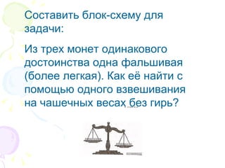 Составить блок-схему для задачи: Из трех монет одинакового достоинства одна фальшивая (более легкая). Как её найти с помощью одного взвешивания на чашечных весах без гирь? 