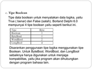 c. Tipe Boolean
Tipe data boolean untuk menyatakan data logika, yaitu
True ( benar) dan False (salah). Borland Delphi 6.0
mempunyai 4 tipe boolean yaitu seperti berikut ini.
Disarankan penggunaan tipe logika menggunakan tipe
Boolean. Untuk ByteBool, WordBool, dan LongBool
sebaiknya hanya digunakan untuk menjaga
kompabilitas, yaitu jika program akan dihubungkan
dengan program bahasa lain.
 