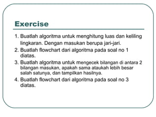 Exercise
1. Buatlah algoritma untuk menghitung luas dan keliling
lingkaran. Dengan masukan berupa jari-jari.
2. Buatlah flowchart dari algoritma pada soal no 1
diatas.
3. Buatlah algoritma untuk mengecek bilangan di antara 2
bilangan masukan, apakah sama ataukah lebih besar
salah satunya, dan tampilkan hasilnya.

4. Buatlah flowchart dari algoritma pada soal no 3
diatas.

 