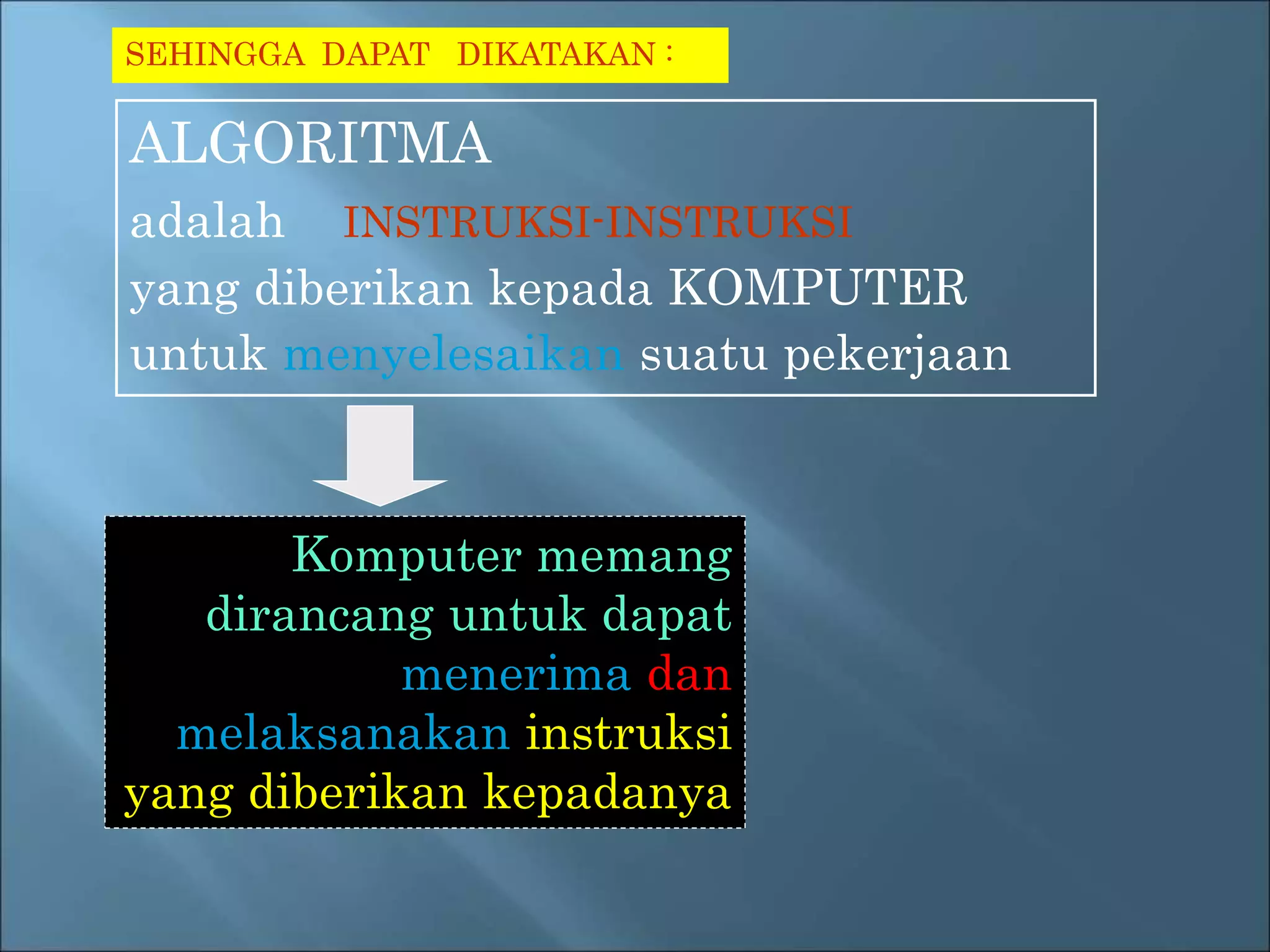 SEHINGGA DAPAT DIKATAKAN : 
ALGORITMA 
adalah INSTRUKSI-INSTRUKSI 
yang diberikan kepada KOMPUTER 
untuk menyelesaikan suatu pekerjaan 
Komputer memang 
dirancang untuk dapat 
menerima dan 
melaksanakan instruksi 
yang diberikan kepadanya 
 