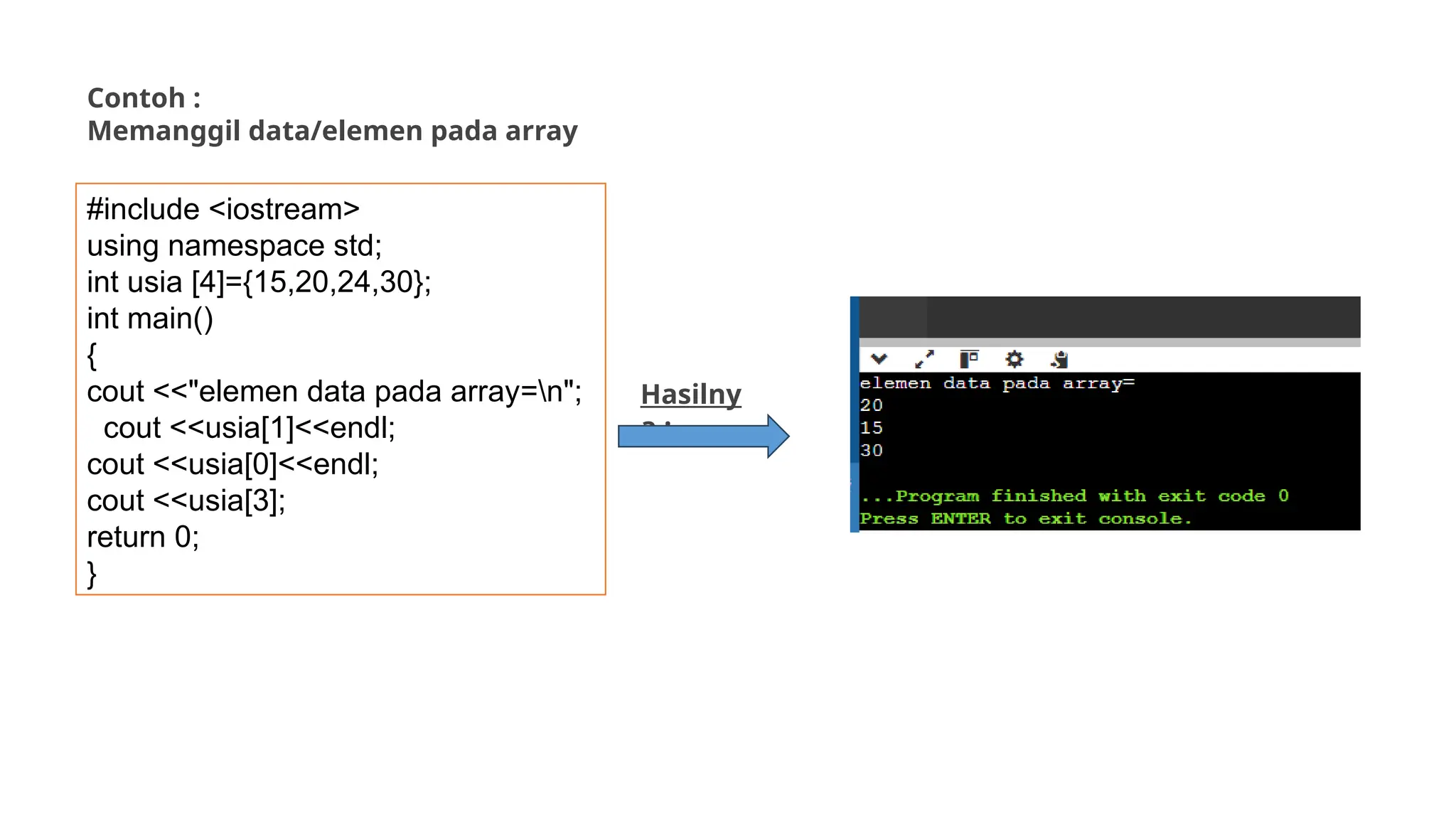 Contoh :
Memanggil data/elemen pada array
#include <iostream>
using namespace std;
int usia [4]={15,20,24,30};
int main()
{
cout <<"elemen data pada array=n";
cout <<usia[1]<<endl;
cout <<usia[0]<<endl;
cout <<usia[3];
return 0;
}
Hasilny
a :
 