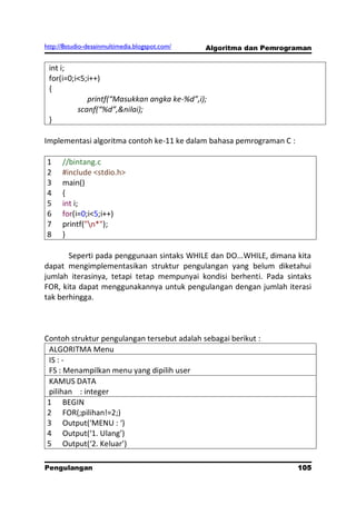 http://8studio-desainmultimedia.blogspot.com/   Algoritma dan Pemrograman


 int i;
 for(i=0;i<5;i++)
 {
             printf(“Masukkan angka ke-%d”,i);
          scanf(“%d”,&nilai);
 }

Implementasi algoritma contoh ke-11 ke dalam bahasa pemrograman C :

1     //bintang.c
2     #include <stdio.h>
3     main()
4     {
5     int i;
6     for(i=0;i<5;i++)
7     printf("n*");
8     }

       Seperti pada penggunaan sintaks WHILE dan DO...WHILE, dimana kita
dapat mengimplementasikan struktur pengulangan yang belum diketahui
jumlah iterasinya, tetapi tetap mempunyai kondisi berhenti. Pada sintaks
FOR, kita dapat menggunakannya untuk pengulangan dengan jumlah iterasi
tak berhingga.



Contoh struktur pengulangan tersebut adalah sebagai berikut :
 ALGORITMA Menu
 IS : -
 FS : Menampilkan menu yang dipilih user
 KAMUS DATA
 pilihan : integer
 1 BEGIN
 2 FOR(;pilihan!=2;)
 3 Output(‘MENU : ‘)
 4 Output(‘1. Ulang’)
 5 Output(‘2. Keluar’)

Pengulangan                                                          105
                                                                 PAGE 10
 