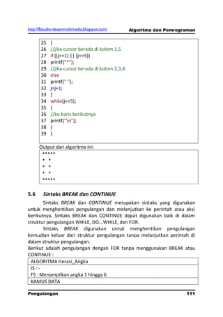 http://8studio-desainmultimedia.blogspot.com/     Algoritma dan Pemrograman


       25   {
       26   //jika cursor berada di kolom 1,5
       27   if ((j==1) || (j==5))
       28   printf("*");
       29   //jika cursor berada di kolom 2,3,4
       30   else
       31   printf(" ");
       32   j=j+1;
       33   }
       34   while(j<=5);
       35   }
       36   //ke baris berikutnya
       37   printf("n");
       38   }
       39   }

      Output dari algoritma ini:
       *****
       * *
       * *
       * *
       *****

5.6     Sintaks BREAK dan CONTINUE
        Sintaks BREAK dan CONTINUE merupakan sintaks yang digunakan
untuk menghentikan pengulangan dan melanjutkan ke perintah atau aksi
berikutnya. Sintaks BREAK dan CONTINUE dapat digunakan baik di dalam
struktur pengulangan WHILE, DO...WHILE, dan FOR.
        Sintaks BREAK digunakan untuk menghentikan pengulangan
kemudian keluar dari struktur pengulangan tanpa melanjutkan perintah di
dalam struktur pengulangan.
Berikut adalah pengulangan dengan FOR tanpa menggunakan BREAK atau
CONTINUE :
 ALGORITMA Iterasi_Angka
 IS : -
 FS : Menampilkan angka 1 hingga 6
 KAMUS DATA

Pengulangan                                                            111
                                                                   PAGE 10
 