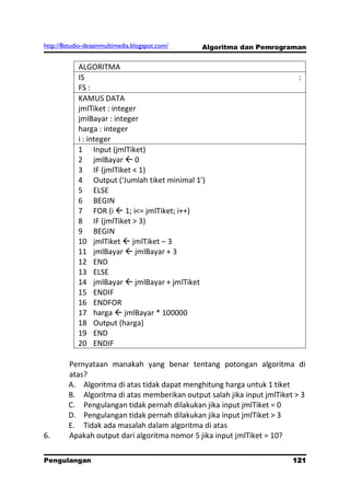 http://8studio-desainmultimedia.blogspot.com/   Algoritma dan Pemrograman


            ALGORITMA
            IS                                                            :
            FS :
            KAMUS DATA
            jmlTiket : integer
            jmlBayar : integer
            harga : integer
            i : integer
            1 Input (jmlTiket)
            2 jmlBayar  0
            3 IF (jmlTiket < 1)
            4 Output (‘Jumlah tiket minimal 1’)
            5 ELSE
            6 BEGIN
            7 FOR (i  1; i<= jmlTiket; i++)
            8 IF (jmlTiket > 3)
            9 BEGIN
            10 jmlTiket  jmlTiket – 3
            11 jmlBayar  jmlBayar + 3
            12 END
            13 ELSE
            14 jmlBayar  jmlBayar + jmlTiket
            15 ENDIF
            16 ENDFOR
            17 harga  jmlBayar * 100000
            18 Output (harga)
            19 END
            20 ENDIF

        Pernyataan manakah yang benar tentang potongan algoritma di
        atas?
        A. Algoritma di atas tidak dapat menghitung harga untuk 1 tiket
        B. Algoritma di atas memberikan output salah jika input jmlTiket > 3
        C. Pengulangan tidak pernah dilakukan jika input jmlTiket = 0
        D. Pengulangan tidak pernah dilakukan jika input jmlTiket > 3
        E. Tidak ada masalah dalam algoritma di atas
6.      Apakah output dari algoritma nomor 5 jika input jmlTiket = 10?

Pengulangan                                                            121
                                                                   PAGE 10
 