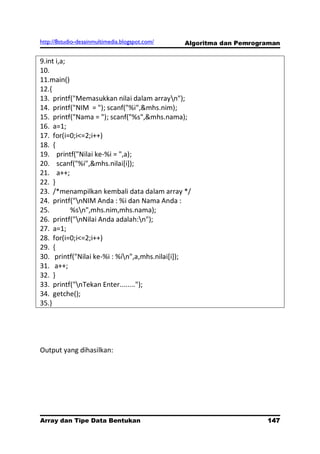 http://8studio-desainmultimedia.blogspot.com/   Algoritma dan Pemrograman


9.int i,a;
10.
11.main()
12.{
13. printf("Memasukkan nilai dalam arrayn");
14. printf("NIM = "); scanf("%i",&mhs.nim);
15. printf("Nama = "); scanf("%s",&mhs.nama);
16. a=1;
17. for(i=0;i<=2;i++)
18. {
19. printf("Nilai ke-%i = ",a);
20. scanf("%i",&mhs.nilai[i]);
21. a++;
22. }
23. /*menampilkan kembali data dalam array */
24. printf("nNIM Anda : %i dan Nama Anda :
25.        %sn",mhs.nim,mhs.nama);
26. printf("nNilai Anda adalah:n");
27. a=1;
28. for(i=0;i<=2;i++)
29. {
30. printf("Nilai ke-%i : %in",a,mhs.nilai[i]);
31. a++;
32. }
33. printf("nTekan Enter........");
34. getche();
35.}




Output yang dihasilkan:




Array dan Tipe Data Bentukan                                         147
                                                                 PAGE 10
 