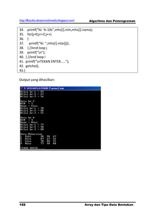 http://8studio-desainmultimedia.blogspot.com/     Algoritma dan Pemrograman


34. printf("%i %-10s",mhs[i].nim,mhs[i].nama);
35. for(j=0;j<=2;j++)
36. {
37. printf("%i ",mhs[i].nilai[j]);
38. } //end loop j
39. printf("n");
40. } //end loop i
41. printf("nTEKAN ENTER.....");
42. getche();
43.}

Output yang dihasilkan:




152                                             Array dan Tipe Data Bentukan
                                                                      PAGE 10
 