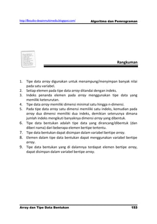 http://8studio-desainmultimedia.blogspot.com/   Algoritma dan Pemrograman




                                                              Rangkuman



1.   Tipe data array digunakan untuk menampung/menyimpan banyak nilai
     pada satu variabel.
2.   Setiap elemen pada tipe data array ditandai dengan indeks.
3.   Indeks penanda elemen pada array menggunakan tipe data yang
     memiliki keterurutan.
4.   Tipe data array memiliki dimensi minimal satu hingga n-dimensi.
5.   Pada tipe data array satu dimensi memiliki satu indeks, kemudian pada
     array dua dimensi memiliki dua indeks, demikian seterusnya dimana
     jumlah indeks mengikuti banyaknya dimensi array yang dibentuk.
6.   Tipe data bentukan adalah tipe data yang dirancang/dibentuk (dan
     diberi nama) dari beberapa elemen bertipe tertentu.
7.   Tipe data bentukan dapat disimpan dalam variabel bertipe array.
8.   Elemen dalam tipe data bentukan dapat menggunakan variabel bertipe
     array.
9.   Tipe data bentukan yang di dalamnya terdapat elemen bertipe array,
     dapat disimpan dalam variabel bertipe array.




Array dan Tipe Data Bentukan                                         153
                                                                 PAGE 10
 