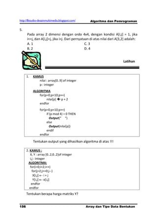http://8studio-desainmultimedia.blogspot.com/      Algoritma dan Pemrograman

5.
      Pada array 2 dimensi dengan ordo 4x4, dengan kondisi A[i,j] = 1, jika
      i<=j, dan A[i,j]=j, jika i>j. Dari pernyataan di atas nilai dari A[3,2] adalah:
      A. 1                                       C. 3
      B. 2                                       D. 4


                                                                          Latihan



      1.   KAMUS
              nilai : array[0..9] of integer
              p : integer
           ALGORITMA
               for(p=0;p<10;p++)
                    nilai[p]  p + 2
               endfor
                for(p=0;p<10;p++)
                     if (p mod 4) = 0 THEN
                        Output(“ “)
                     else
                        Output(nilai[p])
                     endif
                endfor

           Tentukan output yang dihasilkan algoritma di atas !!!

      2. KAMUS :
         X, Y : array [0..2,0..2]of integer
         i,j : integer
        ALGORITMA:
         for(i=0;i<2;i++)
           for(j=2;j>=0;j--)
            X[i,j] i + j
            Y[i,j] x[i,j]
          endfor
         endfor
      Tentukan berapa harga matriks Y?


156                                             Array dan Tipe Data Bentukan
                                                                      PAGE 10
 