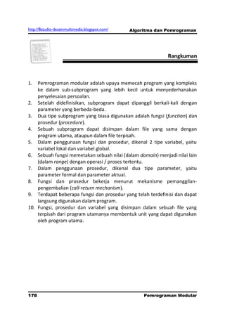 http://8studio-desainmultimedia.blogspot.com/   Algoritma dan Pemrograman




                                                              Rangkuman



1.  Pemrograman modular adalah upaya memecah program yang kompleks
    ke dalam sub-subprogram yang lebih kecil untuk menyederhanakan
    penyelesaian persoalan.
2. Setelah didefinisikan, subprogram dapat dipanggil berkali-kali dengan
    parameter yang berbeda-beda.
3. Dua tipe subprogram yang biasa digunakan adalah fungsi (function) dan
    prosedur (procedure).
4. Sebuah subprogram dapat disimpan dalam file yang sama dengan
    program utama, ataupun dalam file terpisah.
5. Dalam penggunaan fungsi dan prosedur, dikenal 2 tipe variabel, yaitu
    variabel lokal dan variabel global.
6. Sebuah fungsi memetakan sebuah nilai (dalam domain) menjadi nilai lain
    (dalam range) dengan operasi / proses tertentu.
7. Dalam penggunaan prosedur, dikenal dua tipe parameter, yaitu
    parameter formal dan parameter aktual.
8. Fungsi dan prosedur bekerja menurut mekanisme pemanggilan-
    pengembalian (call-return mechanism).
9. Terdapat beberapa fungsi dan prosedur yang telah terdefinisi dan dapat
    langsung digunakan dalam program.
10. Fungsi, prosedur dan variabel yang disimpan dalam sebuah file yang
    terpisah dari program utamanya membentuk unit yang dapat digunakan
    oleh program utama.




178                                                  Pemrograman Modular
                                                                PAGE 10
 