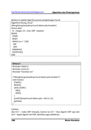 http://8studio-desainmultimedia.blogspot.com/   Algoritma dan Pemrograman



Berikut ini adalah algoritma proses penghitungan huruf:
Algoritma Hitung_Huruf
{Menghitung banyaknya huruf dalam pita karakter}
Kamus data
 CI : integer, CC : char, EOP : boolean
BEGIN
 START
 RESET
 WHILE (cc ≠ '.') DO
  INC
  ADV
 ENDWHILE
 OUTPUT(CI)
END



 Bahasa C
 #include <stdio.h>
 #include <conio.h>
 #include "mesinkar.inc"

 /*Menghitung banyaknya huruf dalam pita karakter*/
 void main() {
   START();
   RESET();
   while (!EOP) {
     INC();
     ADV();
   }
   printf("Banyak huruf dalam pita = %d n",ci);
   getche();
 }

Catatan:
Jika CC=’.’, maka EOP menyala, karena itu CC=’.’ bisa diganti EOP saja dan
CC≠’.’ dapat diganti not EOP, demikian juga sebaliknya .

190                                                        Mesin Karakter
                                                                 PAGE 10
 