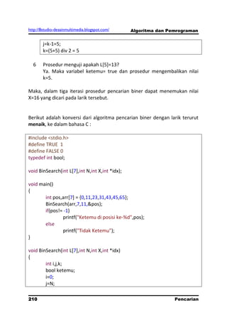 http://8studio-desainmultimedia.blogspot.com/    Algoritma dan Pemrograman


        j=k-1=5;
        k=(5+5) div 2 = 5

  6     Prosedur menguji apakah L[5]=13?
        Ya. Maka variabel ketemu= true dan prosedur mengembalikan nilai
        k=5.

Maka, dalam tiga iterasi prosedur pencarian biner dapat menemukan nilai
X=16 yang dicari pada larik tersebut.


Berikut adalah konversi dari algoritma pencarian biner dengan larik terurut
menaik, ke dalam bahasa C :

#include <stdio.h>
#define TRUE 1
#define FALSE 0
typedef int bool;

void BinSearch(int L[7],int N,int X,int *idx);

void main()
{
       int pos,arr[7] = {0,11,23,31,43,45,65};
       BinSearch(arr,7,11,&pos);
       if(pos!= -1)
               printf("Ketemu di posisi ke-%d",pos);
       else
               printf("Tidak Ketemu");
}

void BinSearch(int L[7],int N,int X,int *idx)
{
        int i,j,k;
        bool ketemu;
        i=0;
        j=N;

210                                                              Pencarian
                                                                  PAGE 10
 