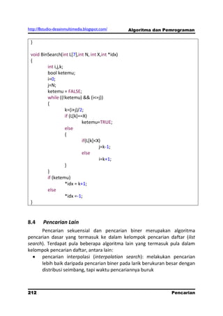 http://8studio-desainmultimedia.blogspot.com/     Algoritma dan Pemrograman

 }

 void BinSearch(int L[7],int N, int X,int *idx)
 {
         int i,j,k;
         bool ketemu;
         i=0;
         j=N;
         ketemu = FALSE;
         while ((!ketemu) && (i<=j))
         {
                    k=(i+j)/2;
                    if (L[k]==X)
                              ketemu=TRUE;
                    else
                    {
                              if(L[k]<X)
                                       j=k-1;
                              else
                                       i=k+1;
                    }
         }
         if (ketemu)
                    *idx = k+1;
         else
                    *idx =-1;
 }


8.4     Pencarian Lain
      Pencarian sekuensial dan pencarian biner merupakan algoritma
pencarian dasar yang termasuk ke dalam kelompok pencarian daftar (list
search). Terdapat pula beberapa algoritma lain yang termasuk pula dalam
kelompok pencarian daftar, antara lain:
      pencarian interpolasi (interpolation search): melakukan pencarian
      lebih baik daripada pencarian biner pada larik berukuran besar dengan
      distribusi seimbang, tapi waktu pencariannya buruk



212                                                               Pencarian
                                                                   PAGE 10
 