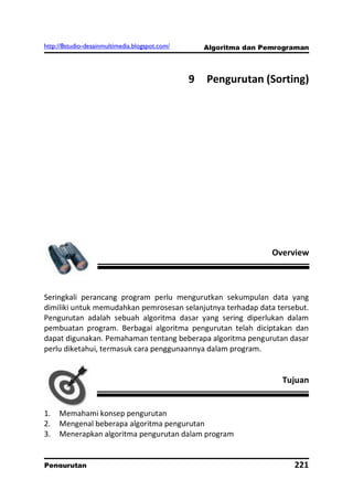 http://8studio-desainmultimedia.blogspot.com/       Algoritma dan Pemrograman



                                                9   Pengurutan (Sorting)




                                                                    Overview



Seringkali perancang program perlu mengurutkan sekumpulan data yang
dimiliki untuk memudahkan pemrosesan selanjutnya terhadap data tersebut.
Pengurutan adalah sebuah algoritma dasar yang sering diperlukan dalam
pembuatan program. Berbagai algoritma pengurutan telah diciptakan dan
dapat digunakan. Pemahaman tentang beberapa algoritma pengurutan dasar
perlu diketahui, termasuk cara penggunaannya dalam program.


                                                                      Tujuan


1.   Memahami konsep pengurutan
2.   Mengenal beberapa algoritma pengurutan
3.   Menerapkan algoritma pengurutan dalam program


Pengurutan                                                               221
                                                                     PAGE 10
 