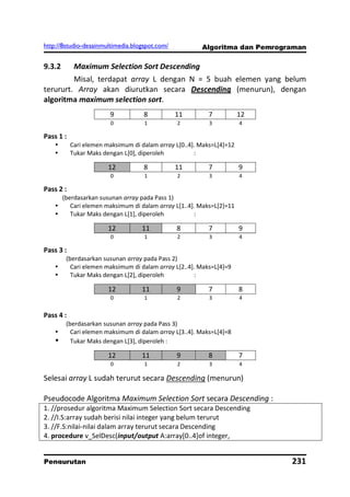http://8studio-desainmultimedia.blogspot.com/           Algoritma dan Pemrograman

9.3.2       Maximum Selection Sort Descending
         Misal, terdapat array L dengan N = 5 buah elemen yang belum
terururt. Array akan diurutkan secara Descending (menurun), dengan
algoritma maximum selection sort.
                        9           8           11         7           12
                         0          1           2          3           4

Pass 1 :
          Cari elemen maksimum di dalam array L[0..4]. Maks=L[4]=12
          Tukar Maks dengan L[0], diperoleh           :

                        12          8           11         7           9
                         0          1           2          3           4

Pass 2 :
        (berdasarkan susunan array pada Pass 1)
          Cari elemen maksimum di dalam array L[1..4]. Maks=L[2]=11
          Tukar Maks dengan L[1], diperoleh           :

                        12         11           8          7           9
                         0          1           2          3           4

Pass 3 :
         (berdasarkan susunan array pada Pass 2)
          Cari elemen maksimum di dalam array L[2..4]. Maks=L[4]=9
          Tukar Maks dengan L[2], diperoleh           :

                        12         11           9          7           8
                         0          1           2          3           4


Pass 4 :
         (berdasarkan susunan array pada Pass 3)
          Cari elemen maksimum di dalam array L[3..4]. Maks=L[4]=8
          Tukar Maks dengan L[3], diperoleh :

                        12         11           9          8           7
                         0          1           2          3           4

Selesai array L sudah terurut secara Descending (menurun)

Pseudocode Algoritma Maximum Selection Sort secara Descending :
1. //prosedur algoritma Maximum Selection Sort secara Descending
2. //I.S:array sudah berisi nilai integer yang belum terurut
3. //F.S:nilai-nilai dalam array terurut secara Descending
4. procedure v_SelDesc(input/output A:array[0..4]of integer,


Pengurutan                                                                     231
                                                                            PAGE 10
 