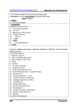 http://8studio-desainmultimedia.blogspot.com/     Algoritma dan Pemrograman

3. //F.S:nilai-nilai dalam array terurut secara Ascending
4. procedure v_minAsc(input/output A:array[0..4]of integer,
                      input N:integer)
5. KAMUS:
6. k,min,j,temp:integer
7. ALGORITMA:
8. for(k=0;k<=(N-2);kk+1)
9. //cari elemen terkecil
10. min  k
11. for(j=(k+1);j<=(N-1);jj+1)
12. if (A[j] < A[min])
13.      min  j
14. endif
15. endfor
16. v_Tukar(A[k],A[min])
17.endfor

Program lengkap penerapan algoritma Minimum Selection Sort Ascending
dalam bahasa C
1. #include <stdio.h>
2. #include <conio.h>
3. void v_minAsc(int A[5],int N);
4. void v_Tukar(int *P,int *M);
5. main()
6. { int L[5];
7. int i,j,k,min,temp,N;
8. //input data array
9. printf("Input Data Arrayn");
10. printf("nBanyak Data : "); scanf("%i",&N);
11. for(i=0;i<N;i++)
12. { printf(" Data ke-%i = ",i+1);
13. scanf("%i",&L[i]); } //end loop i
14. //panggil procedure v_minAsc
15. v_minAsc(L,N);
16. //output data array
17. printf("n Data Sortir:n");
18. for(i=0;i<N;i++)
19. { printf(" %5i",L[i]); } //end loop i
20. printf("n Tekan Entern");
21. getche();
22. } //end main program


236                                                              Pengurutan
                                                                   PAGE 10
 