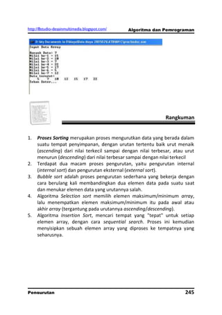 http://8studio-desainmultimedia.blogspot.com/   Algoritma dan Pemrograman




                                                               Rangkuman


1.   Proses Sorting merupakan proses mengurutkan data yang berada dalam
     suatu tempat penyimpanan, dengan urutan tertentu baik urut menaik
     (ascending) dari nilai terkecil sampai dengan nilai terbesar, atau urut
     menurun (descending) dari nilai terbesar sampai dengan nilai terkecil
2.   Terdapat dua macam proses pengurutan, yaitu pengurutan internal
     (internal sort) dan pengurutan eksternal (external sort).
3.   Bubble sort adalah proses pengurutan sederhana yang bekerja dengan
     cara berulang kali membandingkan dua elemen data pada suatu saat
     dan menukar elemen data yang urutannya salah.
4.   Algoritma Selection sort memilih elemen maksimum/minimum array,
     lalu menempatkan elemen maksimum/minimum itu pada awal atau
     akhir array (tergantung pada urutannya ascending/descending).
5.   Algoritma Insertion Sort, mencari tempat yang "tepat" untuk setiap
     elemen array, dengan cara sequential search. Proses ini kemudian
     menyisipkan sebuah elemen array yang diproses ke tempatnya yang
     seharusnya.




Pengurutan                                                             245
                                                                  PAGE 10
 
