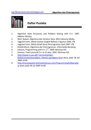 http://8studio-desainmultimedia.blogspot.com/   Algoritma dan Pemrograman




                      Daftar Pustaka


1.      Algorithm Data Structures and Problem Solving with C++. 1997.
        Addison Wesley.
2.      Moh. Sjukani, Algoritma dan Struktur Data. Mitra Wacana Media
3.      Inggriani Liem, Diktat Catatan Singkat Bahasa C Agustus 2003. ITB
4.      Inggriani Liem, Diktat Kuliah Dasar Pemrograman April 2007. ITB
5.      Rinaldi Munir, Algoritma dan Pemrograman. Informatika Bandung
6.      Schaum, Programming with C++ 2nd. 2000. McGraw-Hill
7.      Schaum. Teach yourself C++ in 21 days. 2007. McGraw-Hill
8.      http://www.cs.aau.dk/~normark/prog3-
        03/html/notes/paradigms_themes-paradigms.html akses pada 18 Juli
        2009 14.00
9.      http://encyclopedia.thefreedictionary.com/Programming%20paradig
        m akses pada 18 Juli 2009 14.00
 