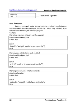 http://8studio-desainmultimedia.blogspot.com/       Algoritma dan Pemrograman


 output(s)
                                                Tanda akhir algoritma
END.


Input dan Output
       Dalam mengawali suatu proses tertentu, minimal membutuhkan
suatu masukan berupa data (input), karena data inilah yang nantinya akan
diproses dan akan menjadi keluaran (output).
Contoh :
Menerima masukan data dari user (pengguna)
Algoritma Masukkan_data
Kamus data

BEGIN
 input(x) /*x adalah variabel penampung nilai*/
END.

Memasukkan nilai tertentu pada variabel
Algoritma Masukkan_nilai
Kamus data

BEGIN
 x  5 /*panah ke kiri arah masuknya nilai*/
END.

Menampilkan isi variabel ke layar monitor
Algoritma Tampilan
Kamus data

BEGIN
 output(x) /*x adalah variabel yang berisi nilai*/
END.




22                                                    Flowchart dan Pseudocode
                                                                       PAGE 10
 