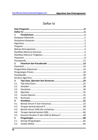 http://8studio-desainmultimedia.blogspot.com/                          Algoritma dan Pemrograman




                                                  Daftar Isi
     Kata Pengantar ......................................................................................... iii
     Daftar Isi ................................................................................................... iv
     1       Pendahuluan ...................................................................................1
     Komputer Elektronik ...................................................................................2
     Komponen Komputer ..................................................................................2
     Algoritma ...................................................................................................3
     Program .....................................................................................................4
     Bahasa Pemrograman ................................................................................4
     Klasifikasi Menurut Generasi ......................................................................4
     Klasifikasi Menurut Tingkatan .....................................................................6
     Flowchart ...................................................................................................8
     Pseudocode .............................................................................................. 11
     2       Flowchart dan Pseudocode ...........................................................13
     Flowchart .................................................................................................14
     Pengambilan Keputusan ........................................................................... 14
     Pengulangan Proses .................................................................................. 18
     Pseudocode .............................................................................................. 20
     Struktur algoritma .................................................................................... 20
     3       Tipe Data, Operator dan Runtunan ...............................................24
     3.1 Tipe Data Dasar .............................................................................. 25
     3.2 Variabel.......................................................................................... 28
     3.3 Konstanta....................................................................................... 34
     3.4 Operator ........................................................................................ 35
     3.5 Urutan Operasi............................................................................... 41
     3.6 Runtunan ....................................................................................... 42
     4       Pemilihan.......................................................................................51
     4.1 Bentuk Umum IF dan Variasinya ..................................................... 53
     4.2 Terapan bentuk-bentuk IF .............................................................. 58
     4.3 Bentuk Umum CASE dan variasinya ................................................ 63
     4.4 Terapan bentuk-bentuk CASE ......................................................... 66
     4.5 Konversi Struktur IF dan CASE ke Bahasa C .....................................68
     5       Pengulangan ..................................................................................80
     5.1 Konsep Pengulangan ......................................................................81
     5.2 Sintaks WHILE ................................................................................ 82

iv
 