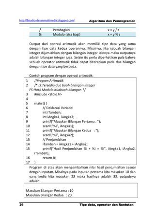 http://8studio-desainmultimedia.blogspot.com/        Algoritma dan Pemrograman


               /           Pembagian                            x=y/z
               %           Modulo (sisa bagi)                   x=y%z

        Output dari operasi aritmatik akan memiliki tipe data yang sama
        dengan tipe data kedua operannya. Misalnya, jika sebuah bilangan
        integer dijumlahkan dengan bilangan integer lainnya maka outputnya
        adalah bilangan integer juga. Selain itu perlu diperhatikan pula bahwa
        sebuah operator aritmatik tidak dapat diterapkan pada dua bilangan
        dengan tipe data yang berbeda.

       Contoh program dengan operasi aritmatik:
     1    //Program Aritmatik
     2    /* IS:Tersedia dua buah bilangan integer
       FS:Hasil Modulo duabuah bilangan */
     3    #include <stdio.h>
     4
     5    main () {
     6          // Deklarasi Variabel
     7          int iTambah;
     8          int iAngka1, iAngka2;
     9          printf(“Masukan Bilangan Pertama : ”);
     10         scanf(“%i”, iAngka1);
     11         printf(“Masukan Bilangan Kedua : ”);
     12         scanf(“%i”, iAngka2);
     13         // Penjumlahan
     14         iTambah = iAngka1 + iAngka2;
     15         printf(“Hasil Penjumlahan %i + %i = %i”, iAngka1, iAngka2,
          iTambah);
     16         return 0;
     17 }
       Program di atas akan mengembalikan nilai hasil penjumlahan sesuai
       dengan inputan. Misalnya pada inputan pertama kita masukan 10 dan
       yang kedia kita masukan 23 maka hasilnya adalah 33. outputnya
       adalah:

     Masukan Bilangan Pertama : 10
     Masukan Bilangan Kedua : 23

36                                              Tipe data, operator dan Runtutan
                                                                         PAGE 10
 