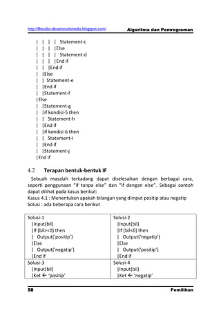 http://8studio-desainmultimedia.blogspot.com/        Algoritma dan Pemrograman

      | | | | Statement-c
      | | | |Else
      | | | | Statement-d
      | | | |End if
      | | |End if
      | |Else
      | | Statement-e
      | |End if
      | |Statement-f
      |Else
      | |Statement-g
      | |if kondisi-5 then
      | | Statement-h
      | |End if
      | |if kondisi-6 then
      | | Statement-i
      | |End if
      | |Statement-j
      |End if

4.2      Terapan bentuk-bentuk IF
  Sebuah masalah terkadang dapat diselesaikan dengan berbagai cara,
seperti penggunaan “if tanpa else” dan “if dengan else”. Sebagai contoh
dapat dilihat pada kasus berikut:
Kasus 4.1 : Menentukan apakah bilangan yang diinput positip atau negatip
Solusi : ada beberapa cara berikut

Solusi-1                                        Solusi-2
 |Input(bil)                                     |Input(bil)
 |If (bil>=0) then                               |If (bil<0) then
 | Output(‘positip’)                             | Output(‘negatip’)
 |Else                                           |Else
 | Output(‘negatip’)                             | Output(‘positip’)
 |End if                                         |End if
Solusi-3                                        Solusi-4
 |Input(bil)                                     |Input(bil)
 |Ket  ‘positip’                                |Ket  ‘negatip’

58                                                                     Pemilihan
                                                                        PAGE 10
 
