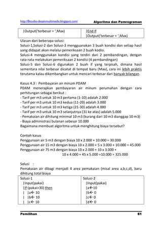 http://8studio-desainmultimedia.blogspot.com/       Algoritma dan Pemrograman


 |Output(‘terbesar = ‘,Max)                     |End if
                                                |Output(‘terbesar = ‘,Max)
Ulasan dari beberapa solusi:
Solusi-1,Solusi-2 dan Solusi-3 mengguanakan 3 buah kondisi dan setiap hasil
yang didapat akan melalui pemeriksaan 2 buah kodisi.
Solusi-4 menggunakan kondisi yang terdiri dari 2 pembandingan, dengan
rata-rata melakukan pemeriksaan 2 kondisi (4 pembandingan)
Solusi-5 dan Solusi-6 digunakan 2 buah if yang terpisah, dimana hasil
sementara nilai terbesar dicatat di tempat baru (Max), cara ini lebih praktis
terutama kalau dikembangkan untuk mencari terbesar dari banyak bilangan.

Kasus 4.3 : Pembayaran air minum PDAM
PDAM menerapkan pembayaran air minum perumahan dengan cara
perhitungan sebagai berikut :
- Tarif per m3 untuk 10 m3 pertama (1-10) adalah 2.000
- Tarif per m3 untuk 10 m3 kedua (11-20) adalah 3.000
- Tarif per m3 untuk 10 m3 ketiga (21-30) adalah 4.000
- Tarif per m3 untuk 10 m3 selanjutnya (31 ke atas) adalah 5.000
- Pemakaian air dihitung minimal 10 m3 (kurang dari 10 m3 dianggap 10 m3)
- Biaya administrasi bulanan sebesar 10.000
Bagaimana membuat algoritma untuk menghitung biaya tersebut?

Contoh kasus
Penggunaan air 5 m3 dengan biaya 10 x 2.000 + 10.000 = 30.000
Penggunaan air 15 m3 dengan biaya 10 x 2.000 + 5 x 3.000 + 10.000 = 45.000
Penggunaan air 75 m3 dengan biaya 10 x 2.000 + 10 x 3.000 +
                        10 x 4.000 + 45 x 5.000 +10.000 = 325.000

Solusi :
Pemakaian air dibagi menjadi 4 area pemakaian (misal area a,b,c,d), baru
dihitung total biaya
Solusi-1                             Solusi-2
  |Input(pakai)                       |Input(pakai)
  |If (pakai>30) then                 |a10
  | |a 10                            |b 0
  | |b 10                            |c 0
  | |c 10                            |d 0


Pemilihan                                                                     61
                                                                         PAGE 10
 