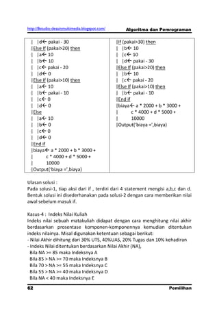 http://8studio-desainmultimedia.blogspot.com/       Algoritma dan Pemrograman


 | |d pakai - 30                               |If (pakai>30) then
 |Else If (pakai>20) then                       | |b 10
 | |a 10                                       | |c 10
 | |b 10                                       | |d pakai - 30
 | |c pakai - 20                               |Else If (pakai>20) then
 | |d 0                                        | |b 10
 |Else If (pakai>10) then                       | |c pakai - 20
 | |a 10                                       |Else If (pakai>10) then
 | |b pakai - 10                               | |b pakai - 10
 | |c 0                                        |End if
 | |d 0                                        |biaya a * 2000 + b * 3000 +
 |Else                                          |       c * 4000 + d * 5000 +
 | |a 10                                       |       10000
 | |b 0                                        |Output(‘biaya =’,biaya)
 | |c 0
 | |d 0
 |End if
 |biaya a * 2000 + b * 3000 +
 |       c * 4000 + d * 5000 +
 |       10000
 |Output(‘biaya =’,biaya)

Ulasan solusi :
Pada solusi-1, tiap aksi dari if , terdiri dari 4 statement mengisi a,b,c dan d.
Bentuk solusi ini disederhanakan pada solusi-2 dengan cara memberikan nilai
awal sebelum masuk if.

Kasus-4 : Indeks Nilai Kuliah
Indeks nilai sebuah matakuliah didapat dengan cara menghitung nilai akhir
berdasarkan prosentase komponen-komponennya kemudian ditentukan
indeks nilainya. Misal digunakan ketentuan sebagai berikut:
- Nilai Akhir dihitung dari 30% UTS, 40%UAS, 20% Tugas dan 10% kehadiran
- Indeks Nilai ditentukan berdasarkan Nilai Akhir (NA),
  Bila NA >= 85 maka Indeksnya A
  Bila 85 > NA >= 70 maka Indeksnya B
  Bila 70 > NA >= 55 maka Indeksnya C
  Bila 55 > NA >= 40 maka Indeksnya D
  Bila NA < 40 maka Indeksnya E
62                                                                     Pemilihan
                                                                        PAGE 10
 