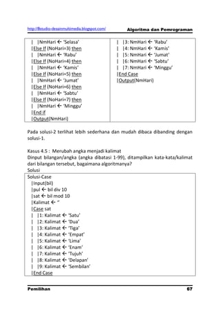 http://8studio-desainmultimedia.blogspot.com/       Algoritma dan Pemrograman


 | |NmHari  ‘Selasa’                           | |3: NmHari  ‘Rabu’
 |Else If (NoHari=3) then                       | |4: NmHari  ‘Kamis’
 | |NmHari  ‘Rabu’                             | |5: NmHari  ‘Jumat’
 |Else If (NoHari=4) then                       | |6: NmHari  ‘Sabtu’
 | |NmHari  ‘Kamis’                            | |7: NmHari  ‘Minggu’
 |Else If (NoHari=5) then                       |End Case
 | |NmHari  ‘Jumat’                            |Output(NmHari)
 |Else If (NoHari=6) then
 | |NmHari  ‘Sabtu’
 |Else If (NoHari=7) then
 | |NmHari  ‘Minggu’
 |End if
 |Output(NmHari)

Pada solusi-2 terlihat lebih sederhana dan mudah dibaca dibanding dengan
solusi-1.

Kasus 4.5 : Merubah angka menjadi kalimat
Dinput bilangan/angka (angka dibatasi 1-99), ditampilkan kata-kata/kalimat
dari bilangan tersebut, bagaimana algoritmanya?
Solusi
Solusi-Case
 |Input(bil)
 |pul  bil div 10
 |sat  bil mod 10
 |Kalimat  ‘’
 |Case sat
 | |1: Kalimat  ‘Satu’
 | |2: Kalimat  ‘Dua’
 | |3: Kalimat  ‘Tiga’
 | |4: Kalimat  ‘Empat’
 | |5: Kalimat  ‘Lima’
 | |6: Kalimat  ‘Enam’
 | |7: Kalimat  ‘Tujuh’
 | |8: Kalimat  ‘Delapan’
 | |9: Kalimat  ‘Sembilan’
 |End Case


Pemilihan                                                                  67
                                                                      PAGE 10
 