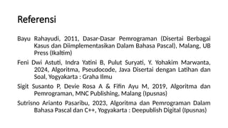 Referensi
Bayu Rahayudi, 2011, Dasar-Dasar Pemrograman (Disertai Berbagai
Kasus dan Diimplementasikan Dalam Bahasa Pascal), Malang, UB
Press (Ikaltim)
Feni Dwi Astuti, Indra Yatini B, Pulut Suryati, Y. Yohakim Marwanta,
2024, Algoritma, Pseudocode, Java Disertai dengan Latihan dan
Soal, Yogyakarta : Graha Ilmu
Sigit Susanto P, Devie Rosa A & Fifin Ayu M, 2019, Algoritma dan
Pemrograman, MNC Publishing, Malang (Ipusnas)
Sutrisno Arianto Pasaribu, 2023, Algoritma dan Pemrograman Dalam
Bahasa Pascal dan C++, Yogyakarta : Deepublish Digital (Ipusnas)
 