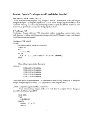 23
Bentuk - Bentuk Perulangan dan Penyeleksian Kondisi
BENTUK - BENTUK PERULANGAN
Dalam hampir setiap program yang kompleks mutlak memerlukan suatu perulangan
dan percabangan. Tujuan perulangan disini adalah untuk mengulang statement atau blok
statement berulang kali sesuai sejumlah yang ditentukan pemakai. Dalam materi ini akan
memberikan gambaran konsep dasar dari pengertian diatas.
1. Perulangan FOR
Perulangan dengan statemen FOR digunakan untuk mengulang statemen atau suatu
blok statemen berulang kali. Perulangan dengan statemen FOR dapat berupa perunlangan
positif dan perulangan negatif.
Perulangan FOR positif
Contoh :
Perulangan positif untuk satu statement :
USES CRT;
VAR
i : INTEGER;
BEGIN
FOR i := 1 TO 5 DO WRITELN('STMIK GUNADARMA');
END.
Maka bila program diatas dicompile
hasilnya :
STMIK GUNADARMA
STMIK GUNADARMA
STMIK GUNADARMA
STMIK GUNADARMA
STMIK GUNADARMA
Penjelasan : Berati statemen STMIK GUNADARMA akan diulang sebanyak 5 kali yaitu
dengan menghitung nilai i dari i ke 1 sampai nilai i terakhir yaitu i ke 5.
Contoh dengan menggunakan blok statement:
Cara penulisannya dengan pada awal blok diawali dengan BEGIN dan pada
akhir blok diakhiri dengan END;
USES CRT;
VAR
i : INTEGER;
BEGIN
FOR i:= 1 TO 10 DO
BEGIN
 