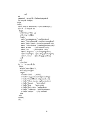 54
end;
var
pegawai : array [1..10] of datapegawai;
i,p,banyak : integer;
begin
clrscr;
write('Banyak data record =');readln(banyak);
for i := 1 to banyak do
begin
writeln('record ke -',i);
with pegawai[i] do
begin
write('nama pegawai :');readln(nama);
write('Tanggal masuk:');readln(tglmasuk.tgl);
write('Bulan Masuk :');readln(tglmasuk.bln);
write('Tahun masuk :');readln(tglmasuk.thn);
write('Alamat :');readln(almt.jalan);
write('Kota :');readln(almt.kota);
write('Gaji pokok :');readln(gaji.pokok);
write('Tunjangan :');readln(gaji.tunjangan);
write('Lembur :');readln(gaji.lembur);
end;
end;
{ cetak data }
for i := 1 to banyak do
begin
writeln('record ke -',i);
with pegawai[i] do
begin
writeln('nama :',nama);
writeln('Tanggal masuk:',tglmasuk.tgl);
writeln('Bulan Masuk :',tglmasuk.bln);
writeln('Tahun masuk :',tglmasuk.thn);
writeln('Alamat :',almt.jalan);
writeln('Kota :',almt.kota);
writeln('Gaji pokok :',gaji.pokok);
writeln('Tunjangan :',gaji.tunjangan);
writeln('Lembur :',gaji.lembur);
end;
end;
readln;
end.
 