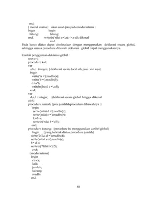 56
end;
{ modul utama } akan salah jika pada modul utama :
begin begin
hitung; hitung;
end. writeln('nilai a=',a); -> a tdk dikenal
end.
Pada kasus diatas dapat diselesaikan dengan menggunakan deklarasi secara global,
sehingga semua procedure dibawah deklarasi global dapat menggunakannya.
Contoh penggunaan deklarasi global :
uses crt;
procedure kali;
var
a,b,c : integer; { deklarasi secara local utk proc. kali saja}
begin
write('A =');readln(a);
write('b =');readln(b);
c:=a*b;
writeln('hasil c =',c:5);
end;
var
d,e,f : integer; {deklarasi secara global hingga dikenal
oleh}
procedure jumlah; {proc.jumlah&procedure dibawahnya }
begin
write('nilai d =');readln(d);
write('nilai e =');readln(e);
f:=d+e;
writeln('nilai f =',f:5);
end;
procedure kurang; {procedure ini menggunakan varibel global}
begin { yang terletak diatas procedure jumlah}
write('Nilai d =');readln(d);
write('nilai e =');readln(e);
f:= d-e;
writeln('Nilai f=',f:5);
end;
{ modul utama}
begin
clrscr;
kali;
jumlah;
kurang;
readln
end.
 