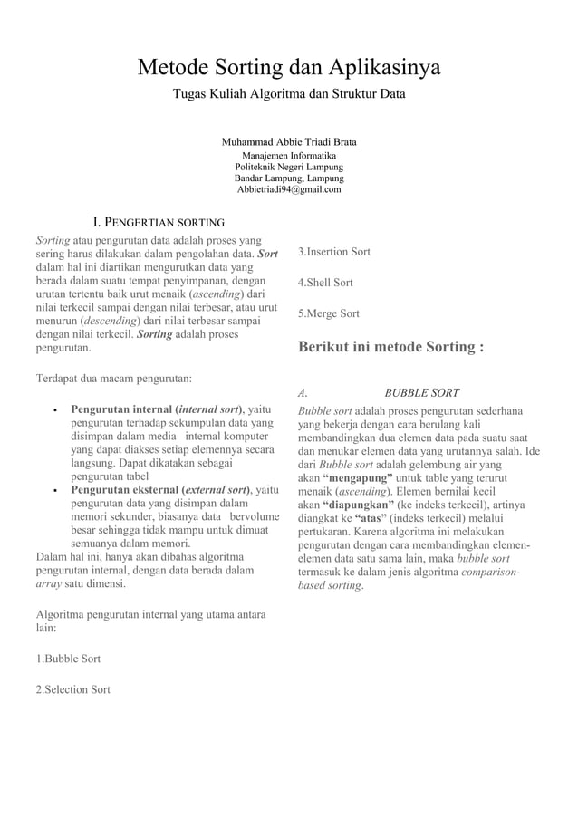 Algoritma dan Struktur Data - Sorting beserta Metode nya | PDF