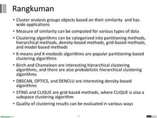 • Cluster analysis groups objects based on their similarity and has
wide applications
• Measure of similarity can be computed for various types of data
• Clustering algorithms can be categorized into partitioning methods,
hierarchical methods, density-based methods, grid-based methods,
and model-based methods
• K-means and K-medoids algorithms are popular partitioning-based
clustering algorithms
• Birch and Chameleon are interesting hierarchical clustering
algorithms, and there are also probabilistic hierarchical clustering
algorithms
• DBSCAN, OPTICS, and DENCLU are interesting density-based
algorithms
• STING and CLIQUE are grid-based methods, where CLIQUE is also a
subspace clustering algorithm
• Quality of clustering results can be evaluated in various ways
85
Rangkuman
 