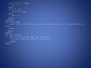 if P[j+1]=T[i] then
j
j+1
endif
if j= m then
ketemu
true
else
i
i+1
endif
endwhile
if ketemu then
idx
i-m+1 {catatan: jika indeks array dimulai dari 0, maka idx
else
idx
-1
endif
endfor
if (not ketemu)
for ((setiap kolom) and (not ketemu))
{lakukan yang sama seperti pada baris}
endfor
endif

i-m}

 