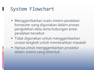 System FlowchartMenggambarkan suatu sistem peralatan komputer yang digunakan dalam proses pengolahan data serta hubungan antar peralatan tersebutTidak digunakan untuk menggambarkan urutan langkah untuk memecahkan masalahHanya untuk menggambarkan prosedur dalam sistem yang dibentuk