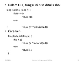 • Dalam C++, fungsi ini bisa ditulis sbb:
long faktorial (long N) {
if (N == 0)
return (1);
else
} return (N*Factorial(N-1));
• Cara lain:
long factorial (long a) {
if (a > 1)
return (a * factorial(a-1));
else
return(1);
}
9/10/2014 Algoritma Pemrograman, @SUARGA 30
 