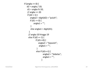 if (angka >= 0) {
d2 = angka / 10;
d1 = angka % 10;
// angka >= 20
if (d2 > 1) {
angka2 = digit(d2) + "puluh";
if (d1 == 0) {
angka1 = "";
}
else angka1 = digit(d1);
}
// angka 10 hingga 19
else if (d2 == 1) {
if (d1==0) {
angka2 = "Sepuluh";
angka1 = "";
}
else if (d1==1) {
angka2 = "Sebelas";
angka1 = "";
}
9/10/2014 Algoritma Pemrograman, @SUARGA 37
 