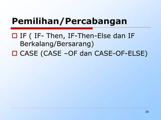 28
Pemilihan/Percabangan
 IF ( IF- Then, IF-Then-Else dan IF
Berkalang/Bersarang)
 CASE (CASE –OF dan CASE-OF-ELSE)
 