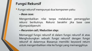 Fungsi Rekursif
• Fungsi rekursif mempunyai dua komponen yaitu:
– Base case:
Mengembalikan nilai tanpa melakukan pemanggilan
rekursi berikutnya. Rekursi berakhir jika base case
dijumpai/dipenuhi
– Recursion call / Reduction step:
Memanggil fungsi rekursif di dalam fungsi rekursif di atas
Menghubungkan sebuah fungsi rekursif dengan fungsi
rekursif di dalamnya Biasanya memiliki keyword return
untuk mengembalikan nilai ke fungsi yang memanggilnya
 