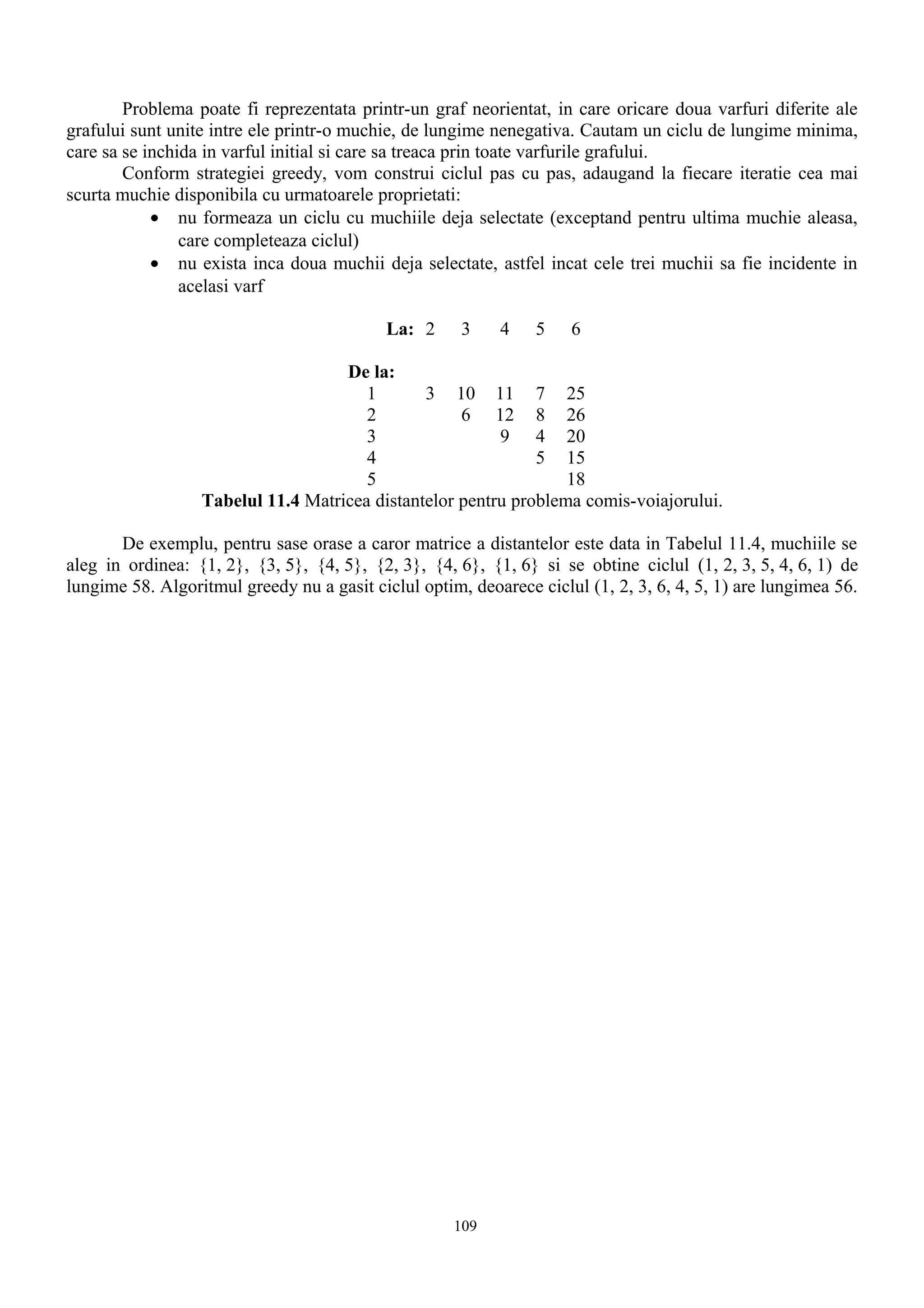 Problema poate fi reprezentata printr-un graf neorientat, in care oricare doua varfuri diferite ale
grafului sunt unite intre ele printr-o muchie, de lungime nenegativa. Cautam un ciclu de lungime minima,
care sa se inchida in varful initial si care sa treaca prin toate varfurile grafului.
        Conform strategiei greedy, vom construi ciclul pas cu pas, adaugand la fiecare iteratie cea mai
scurta muchie disponibila cu urmatoarele proprietati:
            • nu formeaza un ciclu cu muchiile deja selectate (exceptand pentru ultima muchie aleasa,
                care completeaza ciclul)
            • nu exista inca doua muchii deja selectate, astfel incat cele trei muchii sa fie incidente in
                acelasi varf

                                            La: 2     3    4    5    6

                                    De la:
                                       1       3 10 11 7 25
                                       2            6 12 8 26
                                       3                 9 4 20
                                       4                      5 15
                                       5                          18
                  Tabelul 11.4 Matricea distantelor pentru problema comis-voiajorului.

       De exemplu, pentru sase orase a caror matrice a distantelor este data in Tabelul 11.4, muchiile se
aleg in ordinea: {1, 2}, {3, 5}, {4, 5}, {2, 3}, {4, 6}, {1, 6} si se obtine ciclul (1, 2, 3, 5, 4, 6, 1) de
lungime 58. Algoritmul greedy nu a gasit ciclul optim, deoarece ciclul (1, 2, 3, 6, 4, 5, 1) are lungimea 56.




                                                     109
 