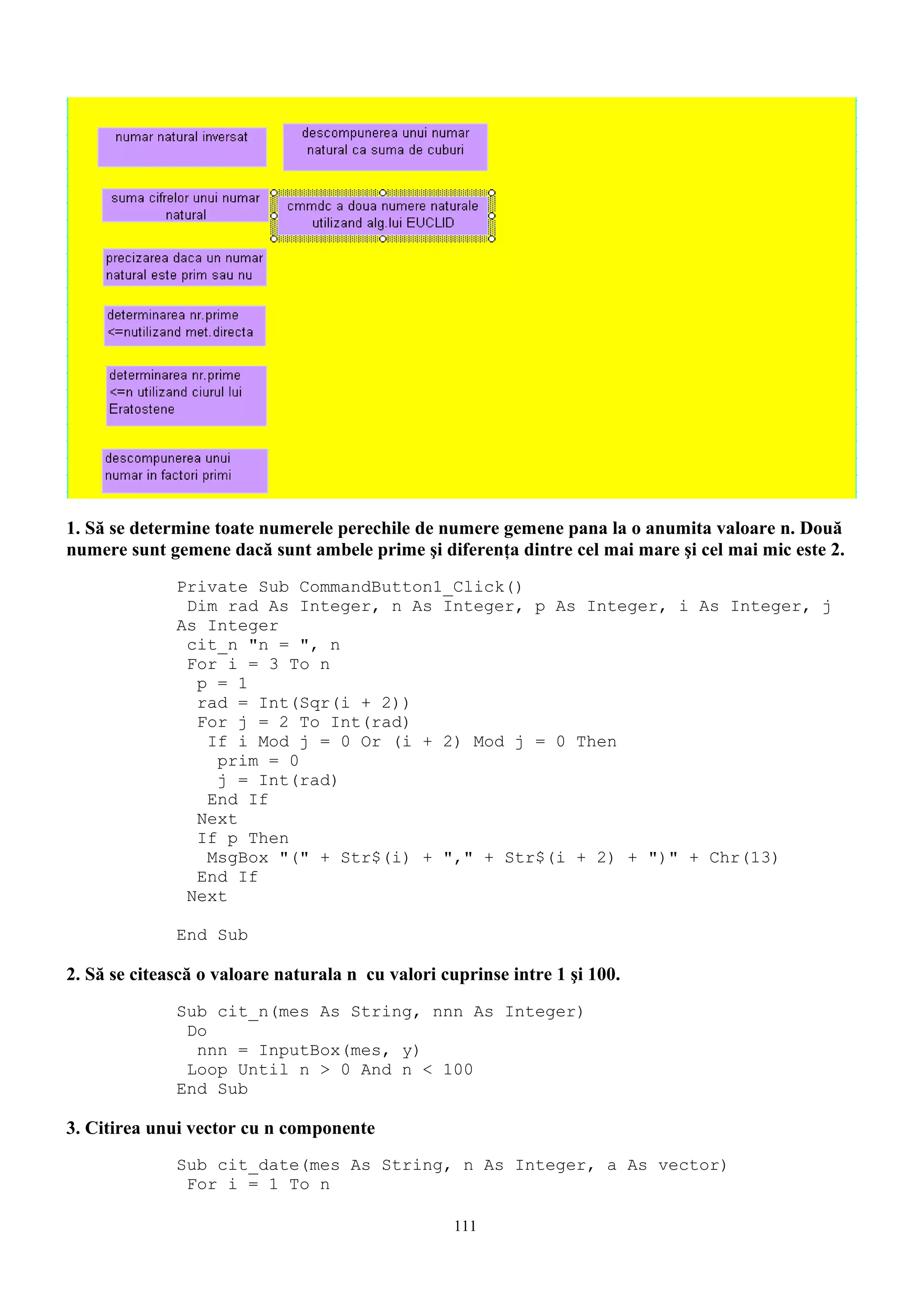 1. Să se determine toate numerele perechile de numere gemene pana la o anumita valoare n. Două
numere sunt gemene dacă sunt ambele prime şi diferenţa dintre cel mai mare şi cel mai mic este 2.
              Private Sub CommandButton1_Click()
               Dim rad As Integer, n As Integer, p As Integer, i As Integer, j
              As Integer
               cit_n "n = ", n
               For i = 3 To n
                p = 1
                rad = Int(Sqr(i + 2))
                For j = 2 To Int(rad)
                 If i Mod j = 0 Or (i + 2) Mod j = 0 Then
                  prim = 0
                  j = Int(rad)
                 End If
                Next
                If p Then
                 MsgBox "(" + Str$(i) + "," + Str$(i + 2) + ")" + Chr(13)
                End If
               Next

              End Sub

2. Să se citească o valoare naturala n cu valori cuprinse intre 1 şi 100.
              Sub cit_n(mes As String, nnn As Integer)
               Do
                nnn = InputBox(mes, y)
               Loop Until n > 0 And n < 100
              End Sub

3. Citirea unui vector cu n componente
              Sub cit_date(mes As String, n As Integer, a As vector)
               For i = 1 To n

                                                   111
 