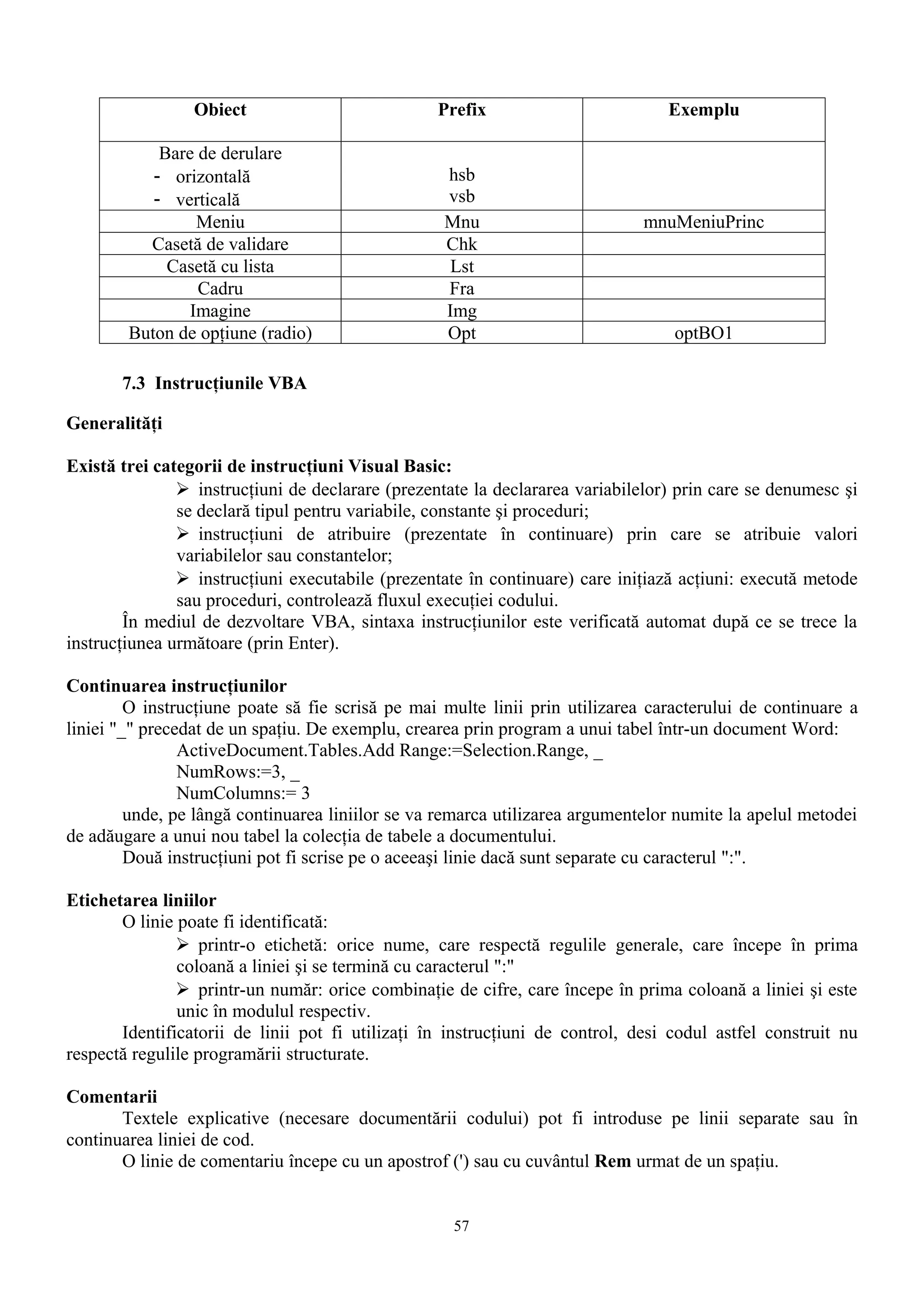 Obiect                           Prefix                         Exemplu

            Bare de derulare
           - orizontală                            hsb
           - verticală                             vsb
                 Meniu                             Mnu                        mnuMeniuPrinc
          Casetă de validare                       Chk
             Casetă cu lista                        Lst
                 Cadru                             Fra
                Imagine                            Img
        Buton de opţiune (radio)                   Opt                            optBO1

       7.3 Instrucţiunile VBA

Generalităţi

Există trei categorii de instrucţiuni Visual Basic:
                instrucţiuni de declarare (prezentate la declararea variabilelor) prin care se denumesc şi
               se declară tipul pentru variabile, constante şi proceduri;
                instrucţiuni de atribuire (prezentate în continuare) prin care se atribuie valori
               variabilelor sau constantelor;
                instrucţiuni executabile (prezentate în continuare) care iniţiază acţiuni: execută metode
               sau proceduri, controlează fluxul execuţiei codului.
        În mediul de dezvoltare VBA, sintaxa instrucţiunilor este verificată automat după ce se trece la
instrucţiunea următoare (prin Enter).

Continuarea instrucţiunilor
         O instrucţiune poate să fie scrisă pe mai multe linii prin utilizarea caracterului de continuare a
liniei "_" precedat de un spaţiu. De exemplu, crearea prin program a unui tabel într-un document Word:
                ActiveDocument.Tables.Add Range:=Selection.Range, _
                NumRows:=3, _
                NumColumns:= 3
         unde, pe lângă continuarea liniilor se va remarca utilizarea argumentelor numite la apelul metodei
de adăugare a unui nou tabel la colecţia de tabele a documentului.
         Două instrucţiuni pot fi scrise pe o aceeaşi linie dacă sunt separate cu caracterul ":".

Etichetarea liniilor
       O linie poate fi identificată:
                printr-o etichetă: orice nume, care respectă regulile generale, care începe în prima
               coloană a liniei şi se termină cu caracterul ":"
                printr-un număr: orice combinaţie de cifre, care începe în prima coloană a liniei şi este
               unic în modulul respectiv.
       Identificatorii de linii pot fi utilizaţi în instrucţiuni de control, desi codul astfel construit nu
respectă regulile programării structurate.

Comentarii
       Textele explicative (necesare documentării codului) pot fi introduse pe linii separate sau în
continuarea liniei de cod.
       O linie de comentariu începe cu un apostrof (') sau cu cuvântul Rem urmat de un spaţiu.


                                                    57
 