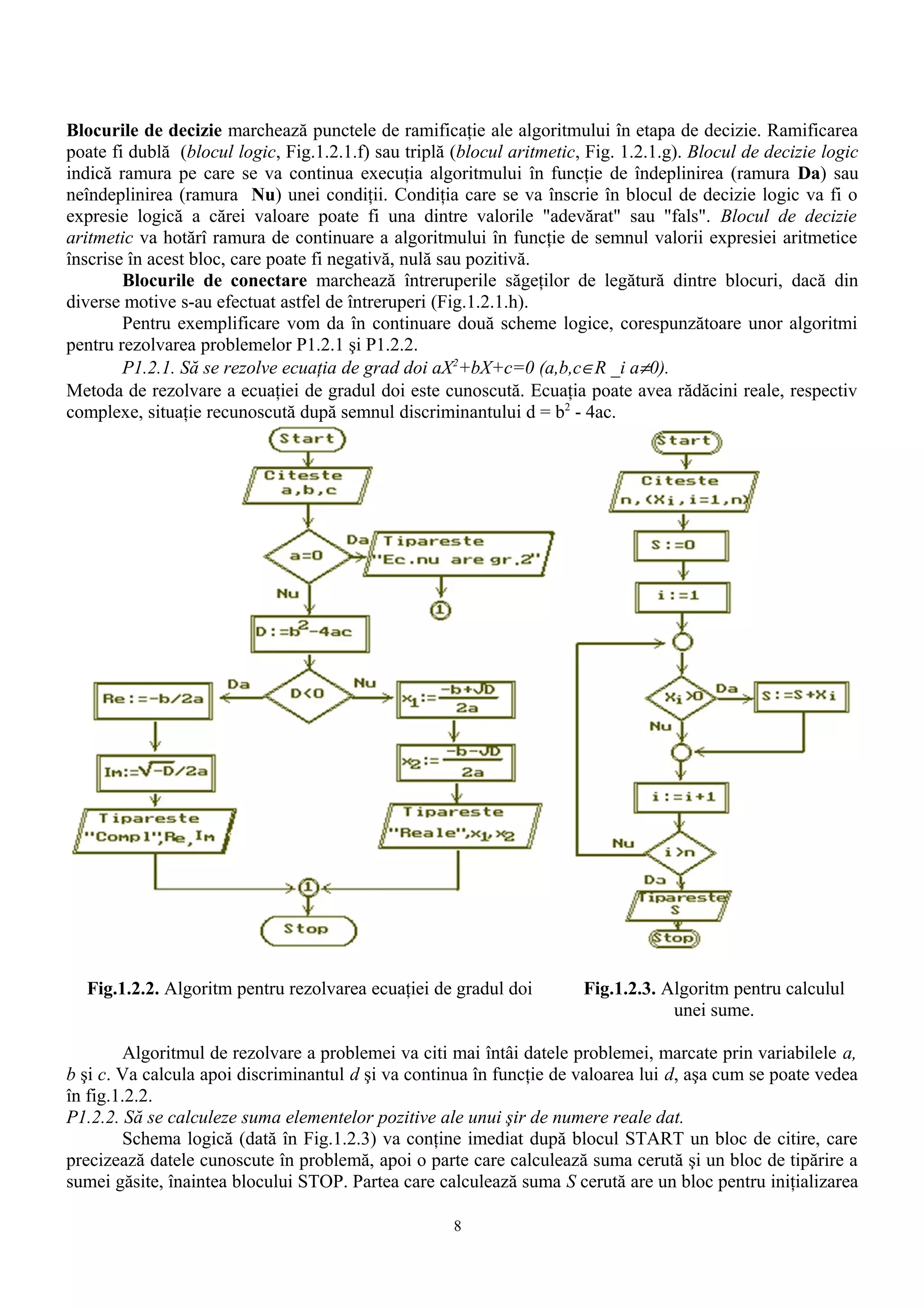 Blocurile de decizie marchează punctele de ramificaţie ale algoritmului în etapa de decizie. Ramificarea
poate fi dublă (blocul logic, Fig.1.2.1.f) sau triplă (blocul aritmetic, Fig. 1.2.1.g). Blocul de decizie logic
indică ramura pe care se va continua execuţia algoritmului în funcţie de îndeplinirea (ramura Da) sau
neîndeplinirea (ramura Nu) unei condiţii. Condiţia care se va înscrie în blocul de decizie logic va fi o
expresie logică a cărei valoare poate fi una dintre valorile "adevărat" sau "fals". Blocul de decizie
aritmetic va hotărî ramura de continuare a algoritmului în funcţie de semnul valorii expresiei aritmetice
înscrise în acest bloc, care poate fi negativă, nulă sau pozitivă.
        Blocurile de conectare marchează întreruperile săgeţilor de legătură dintre blocuri, dacă din
diverse motive s-au efectuat astfel de întreruperi (Fig.1.2.1.h).
        Pentru exemplificare vom da în continuare două scheme logice, corespunzătoare unor algoritmi
pentru rezolvarea problemelor P1.2.1 şi P1.2.2.
        P1.2.1. Să se rezolve ecuaţia de grad doi aX2+bX+c=0 (a,b,c∈R _i a≠0).
Metoda de rezolvare a ecuaţiei de gradul doi este cunoscută. Ecuaţia poate avea rădăcini reale, respectiv
complexe, situaţie recunoscută după semnul discriminantului d = b2 - 4ac.




  Fig.1.2.2. Algoritm pentru rezolvarea ecuaţiei de gradul doi          Fig.1.2.3. Algoritm pentru calculul
                                                                                    unei sume.

        Algoritmul de rezolvare a problemei va citi mai întâi datele problemei, marcate prin variabilele a,
b şi c. Va calcula apoi discriminantul d şi va continua în funcţie de valoarea lui d, aşa cum se poate vedea
în fig.1.2.2.
P1.2.2. Să se calculeze suma elementelor pozitive ale unui şir de numere reale dat.
        Schema logică (dată în Fig.1.2.3) va conţine imediat după blocul START un bloc de citire, care
precizează datele cunoscute în problemă, apoi o parte care calculează suma cerută şi un bloc de tipărire a
sumei găsite, înaintea blocului STOP. Partea care calculează suma S cerută are un bloc pentru iniţializarea

                                                      8
 