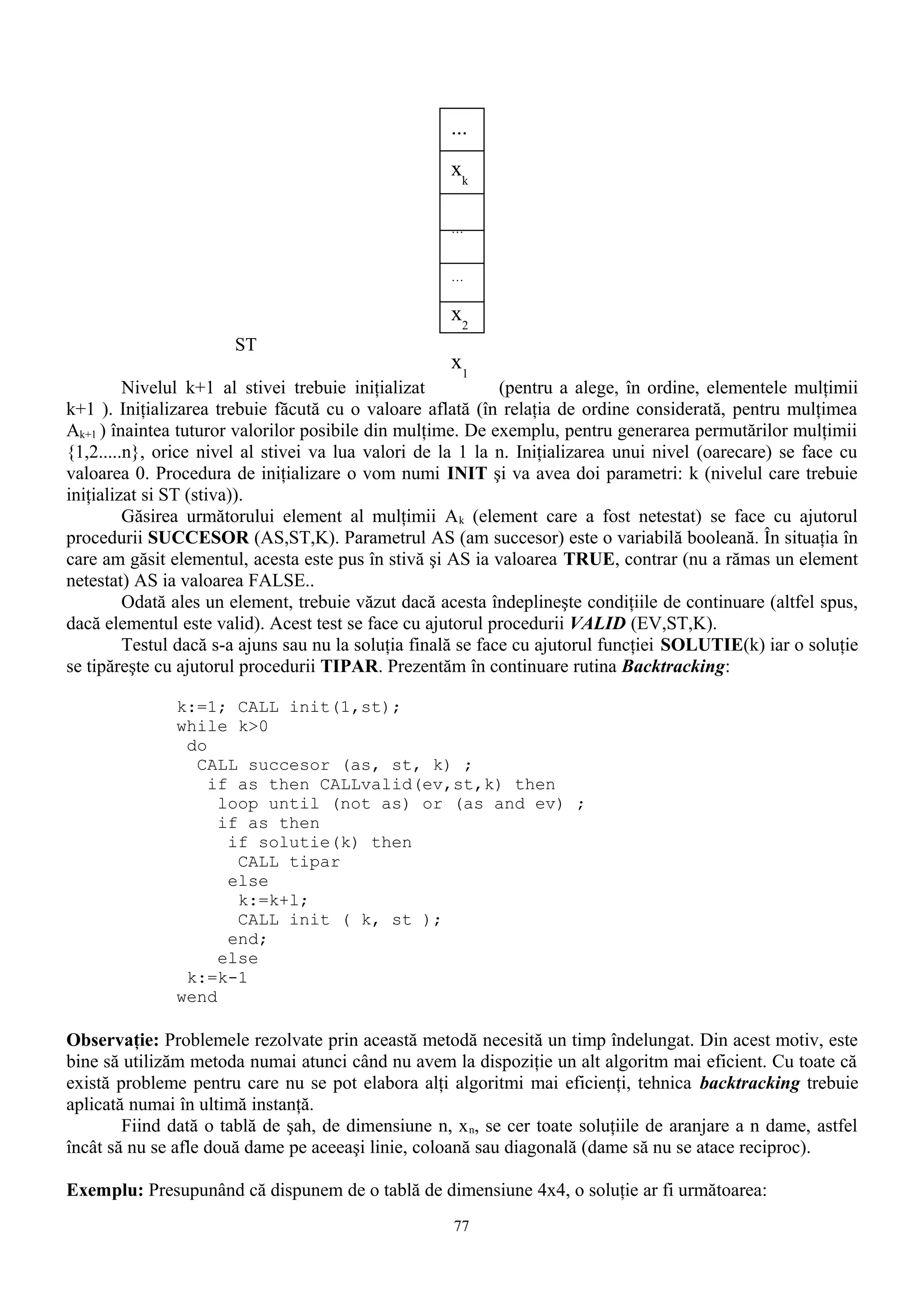 ...
                                                    xk

                                                    …


                                                    …


                                                    x2
                       ST
                                                    x1
         Nivelul k+1 al stivei trebuie iniţializat            (pentru a alege, în ordine, elementele mulţimii
k+1 ). Iniţializarea trebuie făcută cu o valoare aflată (în relaţia de ordine considerată, pentru mulţimea
Ak+1 ) înaintea tuturor valorilor posibile din mulţime. De exemplu, pentru generarea permutărilor mulţimii
{1,2.....n}, orice nivel al stivei va lua valori de la 1 la n. Iniţializarea unui nivel (oarecare) se face cu
valoarea 0. Procedura de iniţializare o vom numi INIT şi va avea doi parametri: k (nivelul care trebuie
iniţializat si ST (stiva)).
         Găsirea următorului element al mulţimii A k (element care a fost netestat) se face cu ajutorul
procedurii SUCCESOR (AS,ST,K). Parametrul AS (am succesor) este o variabilă booleană. În situaţia în
care am găsit elementul, acesta este pus în stivă şi AS ia valoarea TRUE, contrar (nu a rămas un element
netestat) AS ia valoarea FALSE..
         Odată ales un element, trebuie văzut dacă acesta îndeplineşte condiţiile de continuare (altfel spus,
dacă elementul este valid). Acest test se face cu ajutorul procedurii VALID (EV,ST,K).
         Testul dacă s-a ajuns sau nu la soluţia finală se face cu ajutorul funcţiei SOLUTIE(k) iar o soluţie
se tipăreşte cu ajutorul procedurii TIPAR. Prezentăm în continuare rutina Backtracking:

               k:=1; CALL init(1,st);
               while k>0
                do
                 CALL succesor (as, st, k) ;
                   if as then CALLvalid(ev,st,k) then
                    loop until (not as) or (as and ev) ;
                    if as then
                     if solutie(k) then
                      CALL tipar
                     else
                      k:=k+l;
                      CALL init ( k, st );
                     end;
                    else
                k:=k-1
               wend

Observaţie: Problemele rezolvate prin această metodă necesită un timp îndelungat. Din acest motiv, este
bine să utilizăm metoda numai atunci când nu avem la dispoziţie un alt algoritm mai eficient. Cu toate că
există probleme pentru care nu se pot elabora alţi algoritmi mai eficienţi, tehnica backtracking trebuie
aplicată numai în ultimă instanţă.
        Fiind dată o tablă de şah, de dimensiune n, x n, se cer toate soluţiile de aranjare a n dame, astfel
încât să nu se afle două dame pe aceeaşi linie, coloană sau diagonală (dame să nu se atace reciproc).

Exemplu: Presupunând că dispunem de o tablă de dimensiune 4x4, o soluţie ar fi următoarea:
                                                     77
 