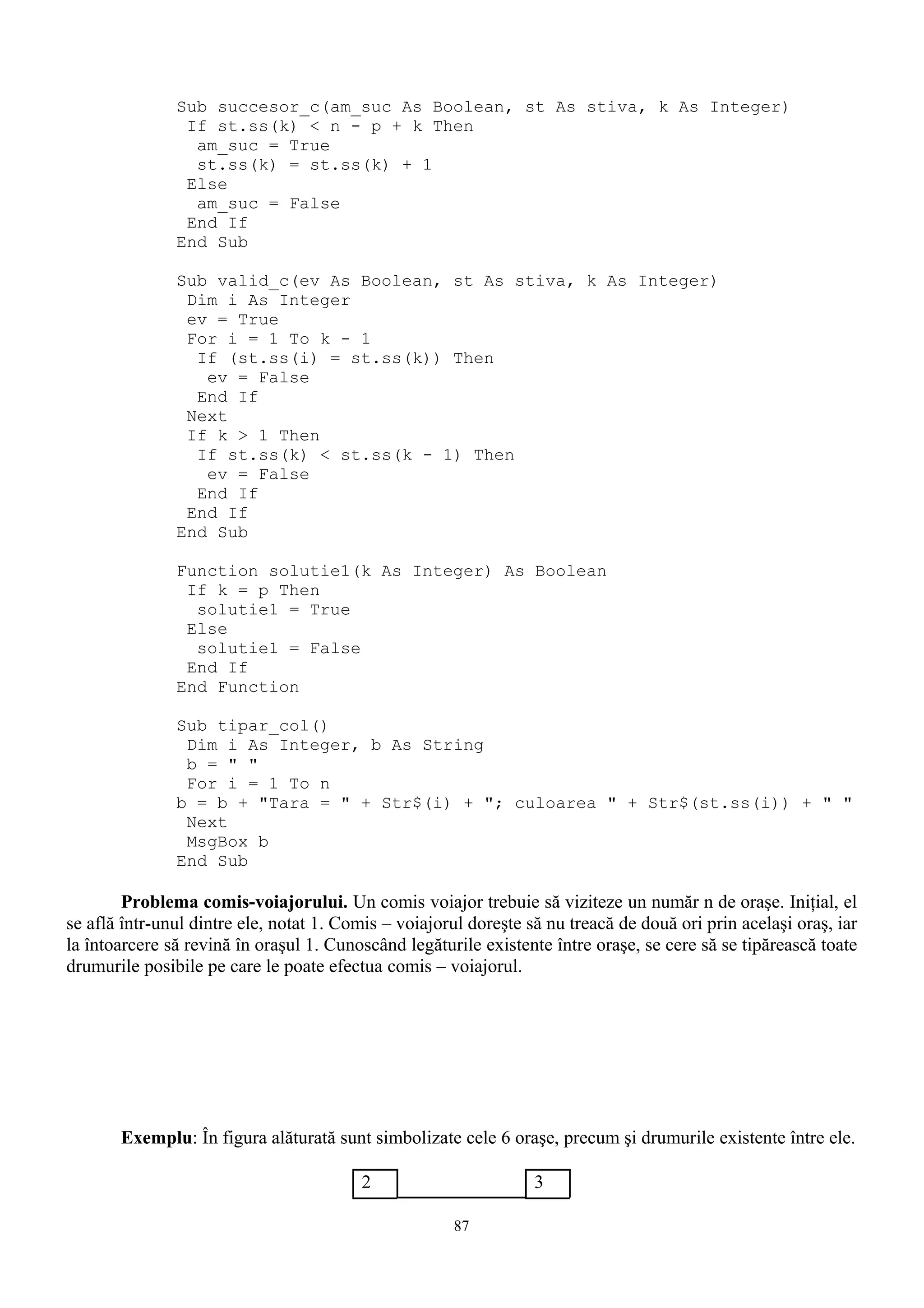 Sub succesor_c(am_suc As Boolean, st As stiva, k As Integer)
                If st.ss(k) < n - p + k Then
                 am_suc = True
                 st.ss(k) = st.ss(k) + 1
                Else
                 am_suc = False
                End If
               End Sub

               Sub valid_c(ev As Boolean, st As stiva, k As Integer)
                Dim i As Integer
                ev = True
                For i = 1 To k - 1
                 If (st.ss(i) = st.ss(k)) Then
                  ev = False
                 End If
                Next
                If k > 1 Then
                 If st.ss(k) < st.ss(k - 1) Then
                  ev = False
                 End If
                End If
               End Sub

               Function solutie1(k As Integer) As Boolean
                If k = p Then
                 solutie1 = True
                Else
                 solutie1 = False
                End If
               End Function

               Sub tipar_col()
                Dim i As Integer, b As String
                b = " "
                For i = 1 To n
               b = b + "Tara = " + Str$(i) + "; culoarea " + Str$(st.ss(i)) + " "
                Next
                MsgBox b
               End Sub

        Problema comis-voiajorului. Un comis voiajor trebuie să viziteze un număr n de oraşe. Iniţial, el
se află într-unul dintre ele, notat 1. Comis – voiajorul doreşte să nu treacă de două ori prin acelaşi oraş, iar
la întoarcere să revină în oraşul 1. Cunoscând legăturile existente între oraşe, se cere să se tipărească toate
drumurile posibile pe care le poate efectua comis – voiajorul.




       Exemplu: În figura alăturată sunt simbolizate cele 6 oraşe, precum şi drumurile existente între ele.

                                         2                        3

                                                      87
 