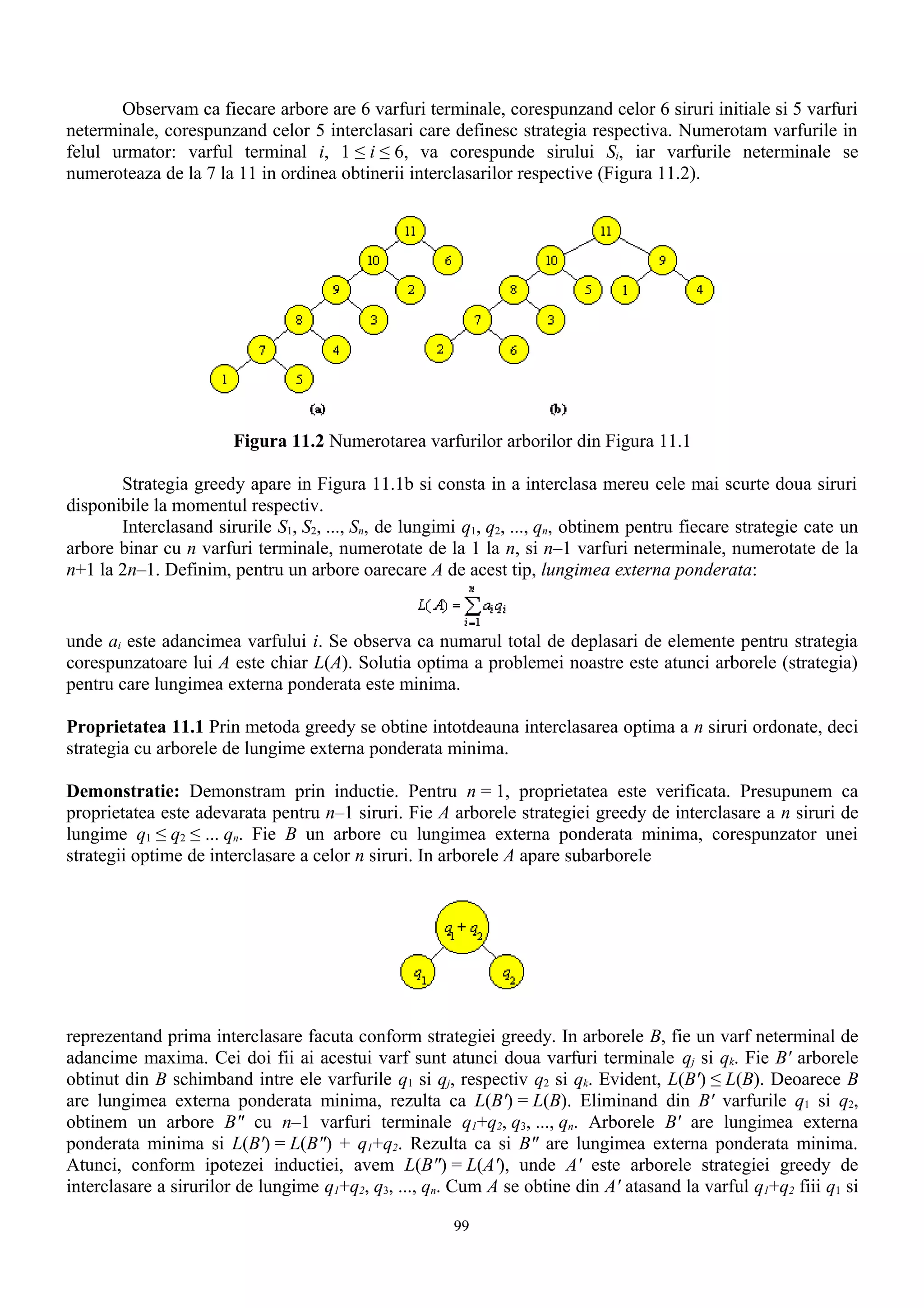 Observam ca fiecare arbore are 6 varfuri terminale, corespunzand celor 6 siruri initiale si 5 varfuri
neterminale, corespunzand celor 5 interclasari care definesc strategia respectiva. Numerotam varfurile in
felul urmator: varful terminal i, 1 ≤ i ≤ 6, va corespunde sirului Si, iar varfurile neterminale se
numeroteaza de la 7 la 11 in ordinea obtinerii interclasarilor respective (Figura 11.2).




                        Figura 11.2 Numerotarea varfurilor arborilor din Figura 11.1

       Strategia greedy apare in Figura 11.1b si consta in a interclasa mereu cele mai scurte doua siruri
disponibile la momentul respectiv.
       Interclasand sirurile S1, S2, ..., Sn, de lungimi q1, q2, ..., qn, obtinem pentru fiecare strategie cate un
arbore binar cu n varfuri terminale, numerotate de la 1 la n, si n–1 varfuri neterminale, numerotate de la
n+1 la 2n–1. Definim, pentru un arbore oarecare A de acest tip, lungimea externa ponderata:


unde ai este adancimea varfului i. Se observa ca numarul total de deplasari de elemente pentru strategia
corespunzatoare lui A este chiar L(A). Solutia optima a problemei noastre este atunci arborele (strategia)
pentru care lungimea externa ponderata este minima.

Proprietatea 11.1 Prin metoda greedy se obtine intotdeauna interclasarea optima a n siruri ordonate, deci
strategia cu arborele de lungime externa ponderata minima.

Demonstratie: Demonstram prin inductie. Pentru n = 1, proprietatea este verificata. Presupunem ca
proprietatea este adevarata pentru n–1 siruri. Fie A arborele strategiei greedy de interclasare a n siruri de
lungime q1 ≤ q2 ≤ ... qn. Fie B un arbore cu lungimea externa ponderata minima, corespunzator unei
strategii optime de interclasare a celor n siruri. In arborele A apare subarborele




reprezentand prima interclasare facuta conform strategiei greedy. In arborele B, fie un varf neterminal de
adancime maxima. Cei doi fii ai acestui varf sunt atunci doua varfuri terminale qj si qk. Fie B' arborele
obtinut din B schimband intre ele varfurile q1 si qj, respectiv q2 si qk. Evident, L(B') ≤ L(B). Deoarece B
are lungimea externa ponderata minima, rezulta ca L(B') = L(B). Eliminand din B' varfurile q1 si q2,
obtinem un arbore B" cu n–1 varfuri terminale q1+q2, q3, ..., qn. Arborele B' are lungimea externa
ponderata minima si L(B') = L(B") + q1+q2. Rezulta ca si B" are lungimea externa ponderata minima.
Atunci, conform ipotezei inductiei, avem L(B") = L(A'), unde A' este arborele strategiei greedy de
interclasare a sirurilor de lungime q1+q2, q3, ..., qn. Cum A se obtine din A' atasand la varful q1+q2 fiii q1 si

                                                       99
 