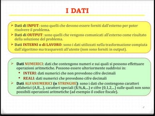 2
I DATI
 Dati di INPUT: sono quelli che devono essere forniti dall’esterno per poter
risolvere il problema.
 Dati di OUTPUT: sono quelli che vengono comunicati all’esterno come risultato
della soluzione del problema.
 Dati INTERNI o di LAVORO: sono i dati utilizzati nella trasformazione compiuta
dall’algoritmo ma trasparenti all’utente (non sono forniti in output).
 Dati NUMERICI: dati che contengono numeri e sui quali si possono effettuare
operazioni aritmetiche. Possono essere ulteriormente suddivisi in:
 INTERI: dati numerici che non prevedono cifre decimali
 REALI: dati numerici che prevedono cifre decimali
 Dati ALFANUMERICI (o STRINGHE): sono i dati che contengono caratteri
alfabetici (A,B,...), caratteri speciali ($,%,&,...) e cifre (0,1,2,...) sulle quali non sono
possibili operazioni aritmetiche (ad esempio il codice fiscale).
 